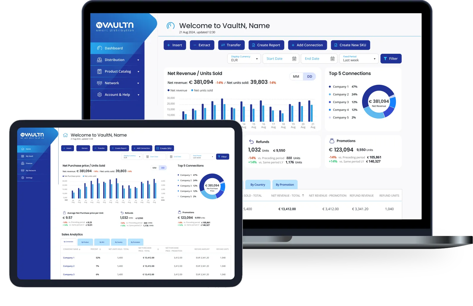 Preview of the VaultN platform interface showing distribution features.