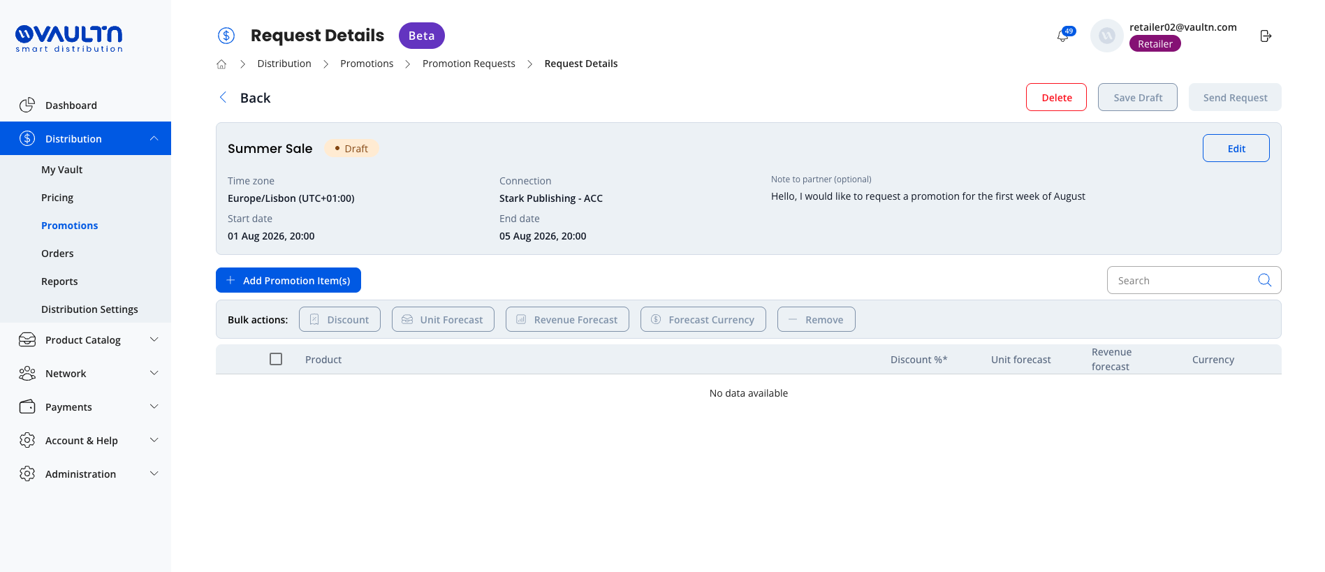 Retailer request details with no items yet